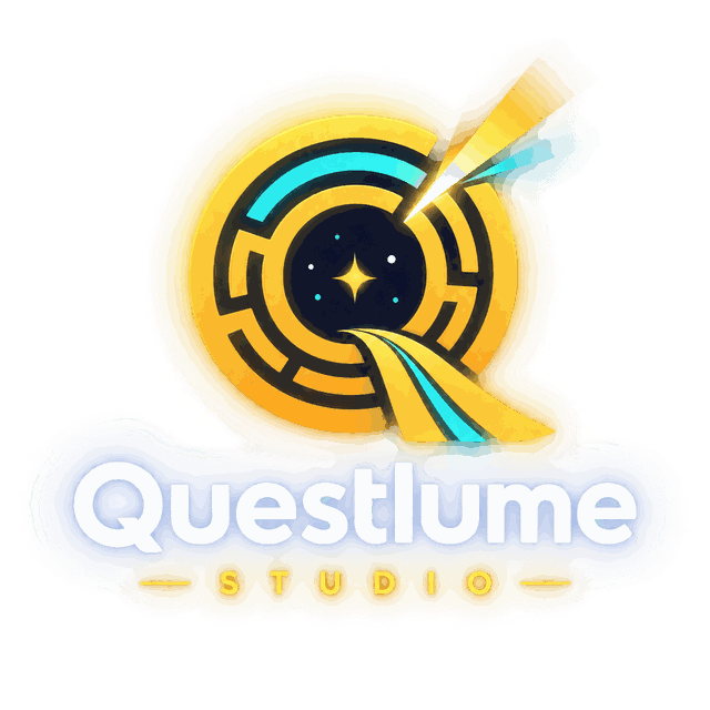 Questlume Studio —— 金色圓形迷宮、中央星光、向外延伸的道路與一道突破而出的光束。